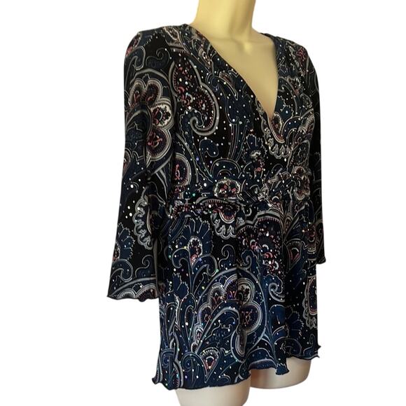 INC International Concepts Blue Paisley Print Knit Top Sparkle Dots Size Lg Y2K - Picture 2 of 11